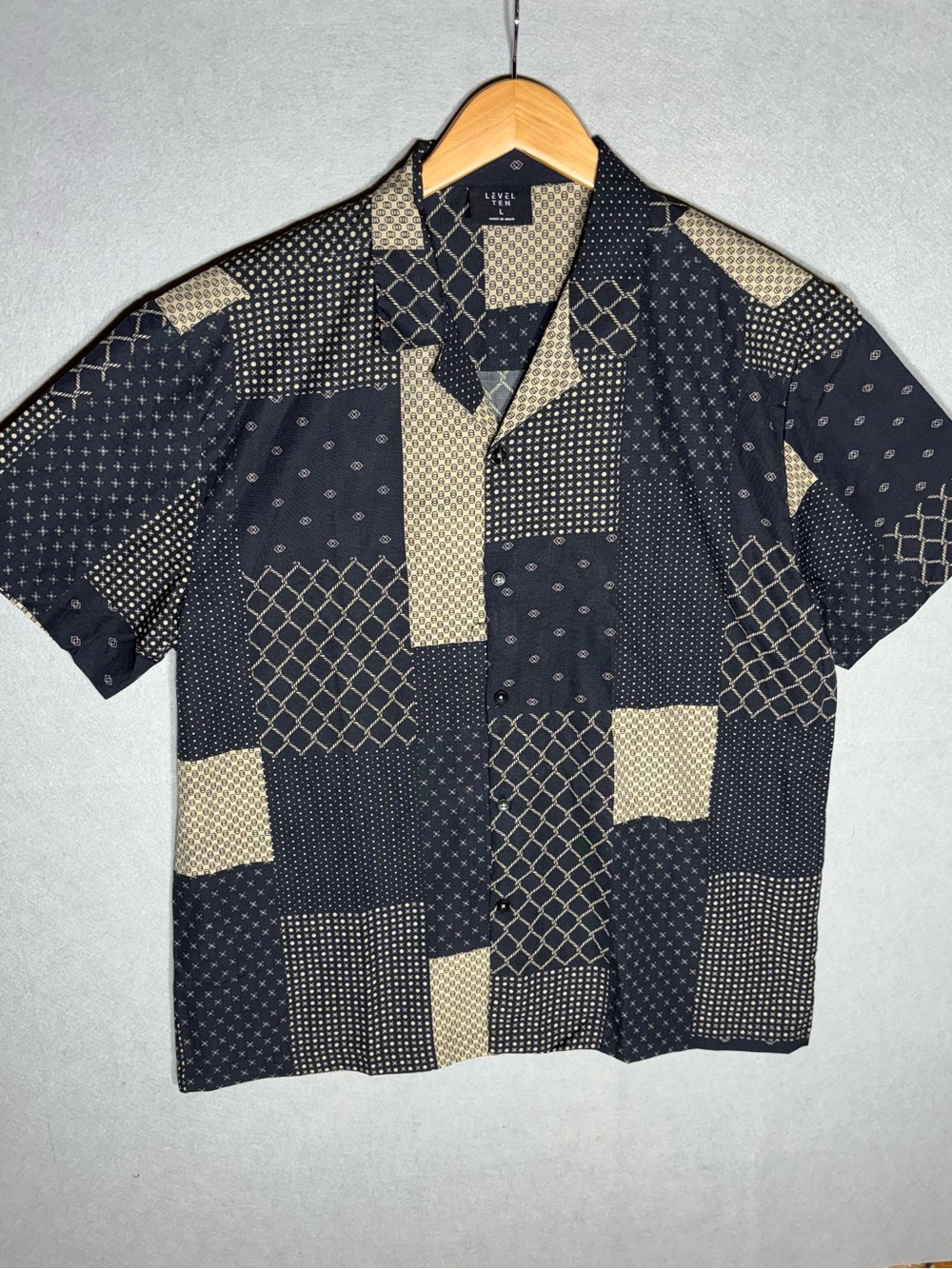 Patchwork Print Level Ten Short-Sleeve Button-Down Shirt in Black & Beige